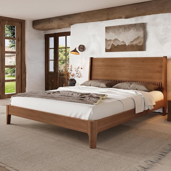 Warm Brown Solid Bamboo Wood Frame Queen Size Platform Bed with Support Slats, Easy Assembly