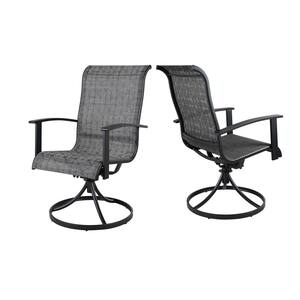 2-Piece All Iron Outdoor Removable Teslin Swivel Dining Chair with Plaid Gray Cushion