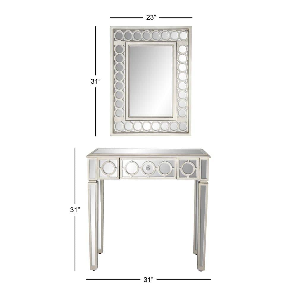 Silver Mirrored Wood and Glass Console Table with Storage
