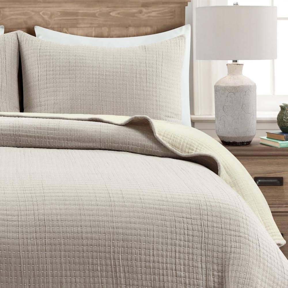 Neutral Off-White Cotton King Reversible Quilt Set