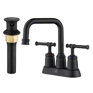 4 in. Centerset Double Handle 2 holes Bathroom Sink Faucet Lavatory Faucet with Stainless steel Drain in Matte Black