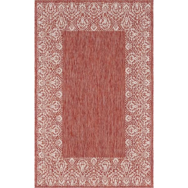 Unique Loom Outdoor Floral Border Rust Red 4 ft. x 6 ft. Area Rug
