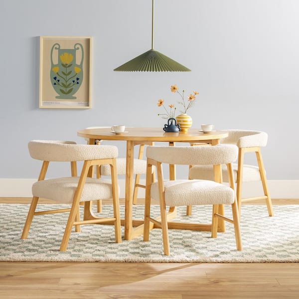 Modern 5-Piece Round Natural Wood Top Dining Room Set with Ivory Mixed Material Chairs and Solid Wood Features, Seats 4