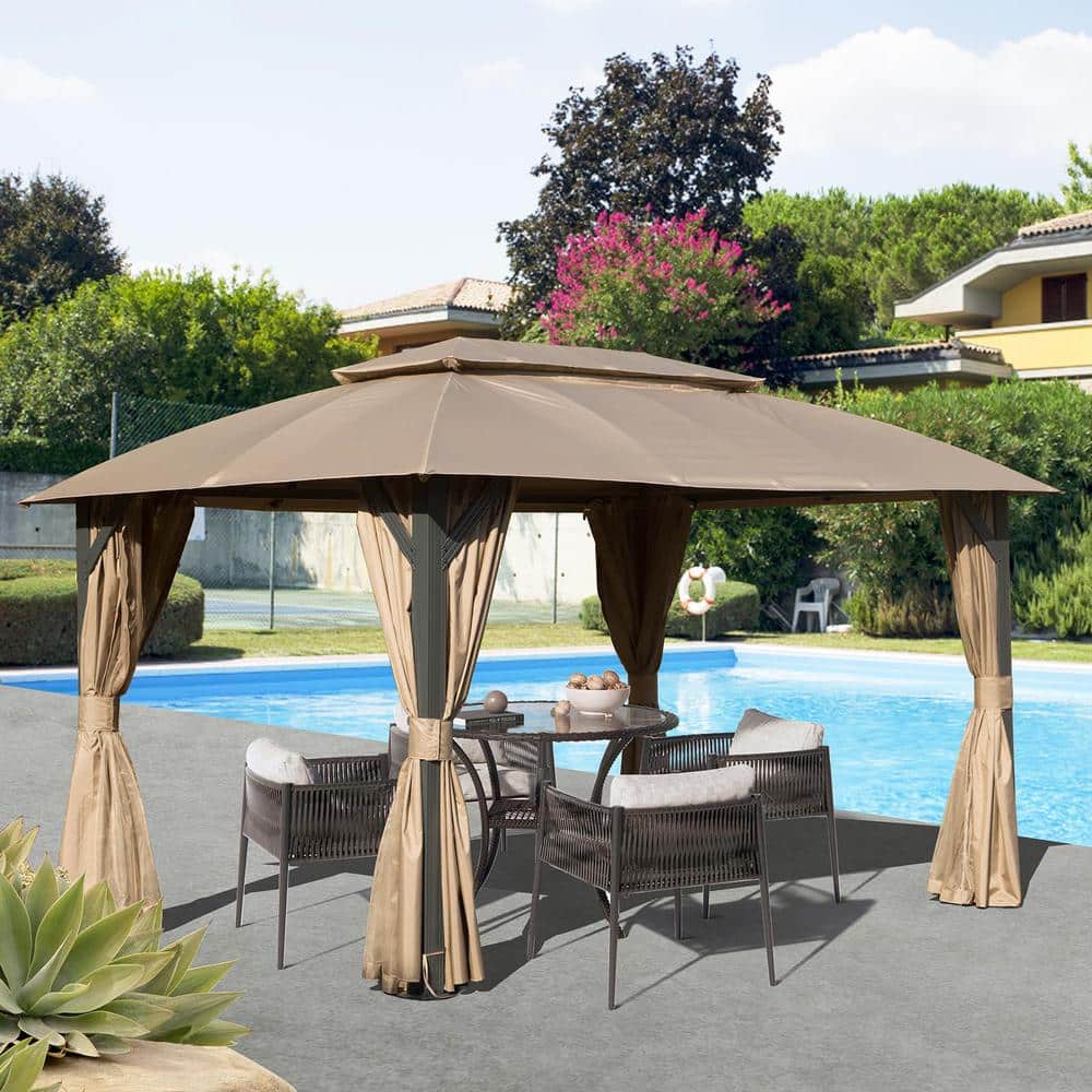 10 ft. x 14 ft. Brown Metal Outdoor Gazebo with Double Roofs, Curtains and 