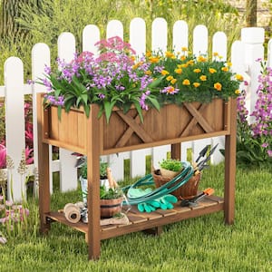 34 in. x 18 in. x 29 in. HIPS Raised Garden Bed with Storage Shelf and Drainage Holes in Coffee