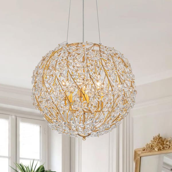 HUOKU Ramas 20 in. W 6-Light Chandelier with Crystal Flowers and Gold Globe Frame Modern Pendant Light for Foyer