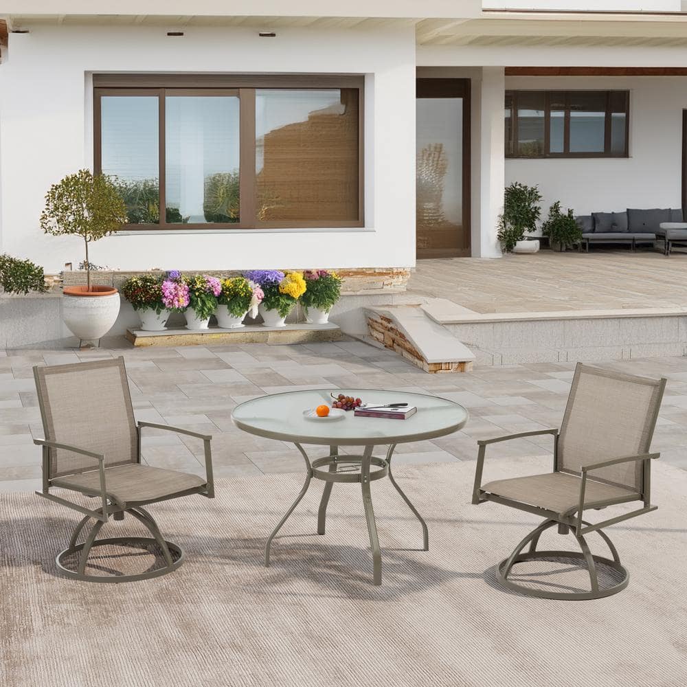 3-Piece Bistro Patio Set with Tan PVC Sling Swivel Rocker Chairs with Table