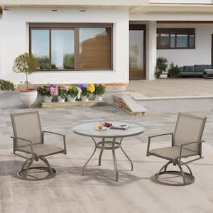 3-Piece Bistro Patio Set with Tan PVC Sling Swivel Rocker Chairs with Table, Outdoor Dining for Backyard and Deck