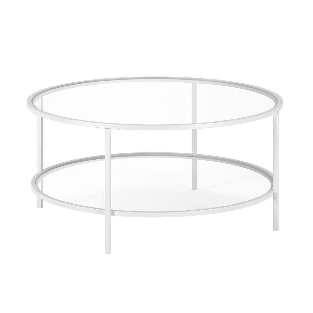 White Round Glass Coffee Table with Shelf