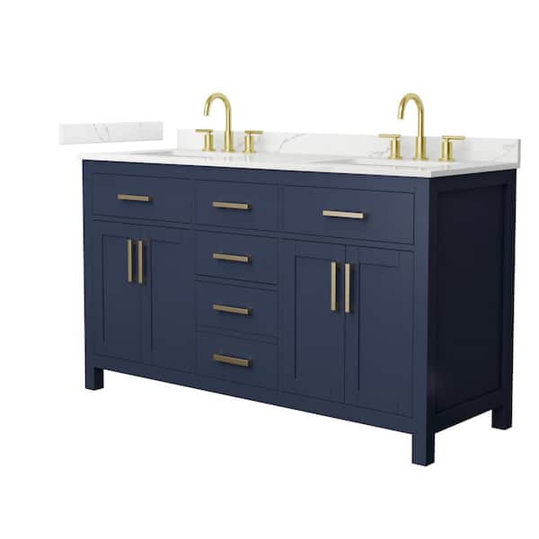 Wyndham Collection Beckett 60 in. Double Freestanding Dark Blue Bath Vanity with Giotto Quartz Top (Assembled)