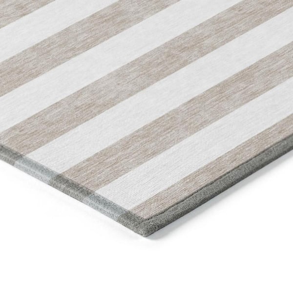 Taupe and White 3 ft. x 5 ft. Woven Striped Polyester Rectangle Indoor/Outdoor Area Rug