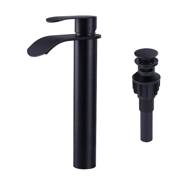 Single Handle Single Hole Tall Waterfall Bathroom Faucet with Pop Up Drain and Supply Lines in Oil Rubbed Bronze