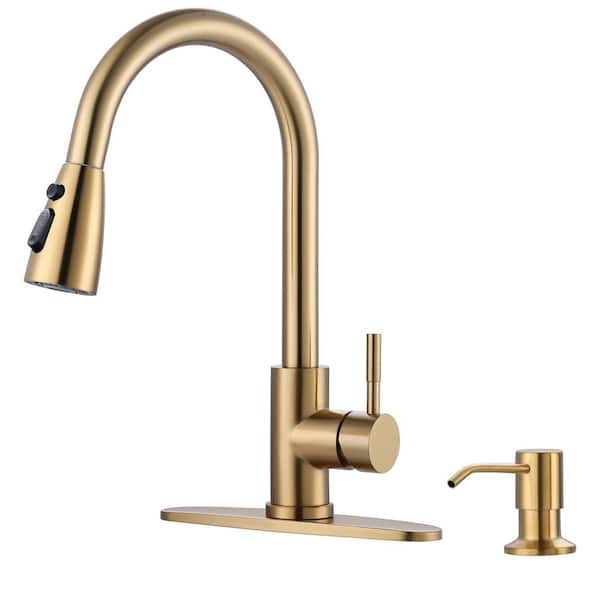 IVIGA Stainless Steel Single Handle Pull Down Sprayer Kitchen Faucet with 3-Mode Advanced Spray, Soap Dispenser in Gold