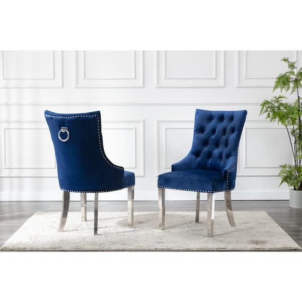 Best Quality Furniture Sam Navy Blue Velvet Stainless Steel Legs Chairs (Set of 2)