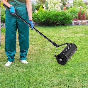 18 in. Manual Lawn 30-Tine Spike Aerator Rolling Push Grass Filled with Sand or Stone Aeration Tool in Black