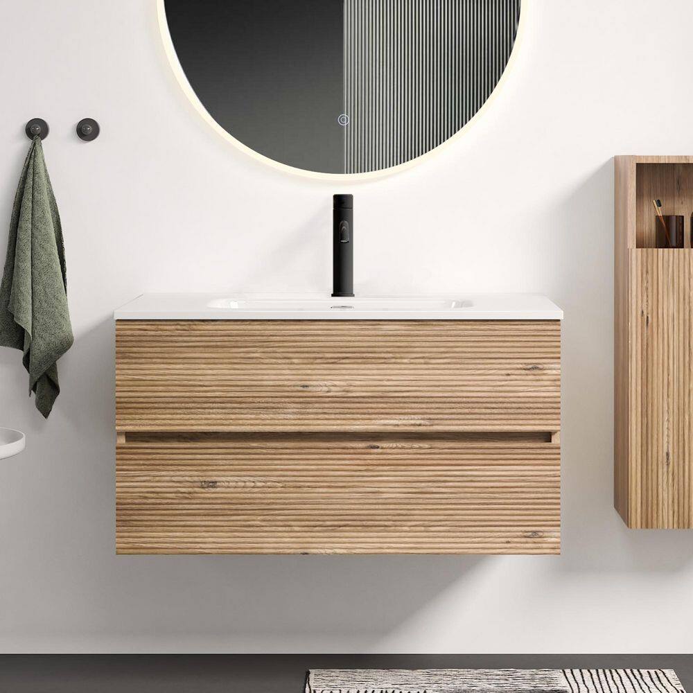 yuuu.　36 Ziyudura 36 in. Single Sink Floating Rough Oak Bath Vanity with