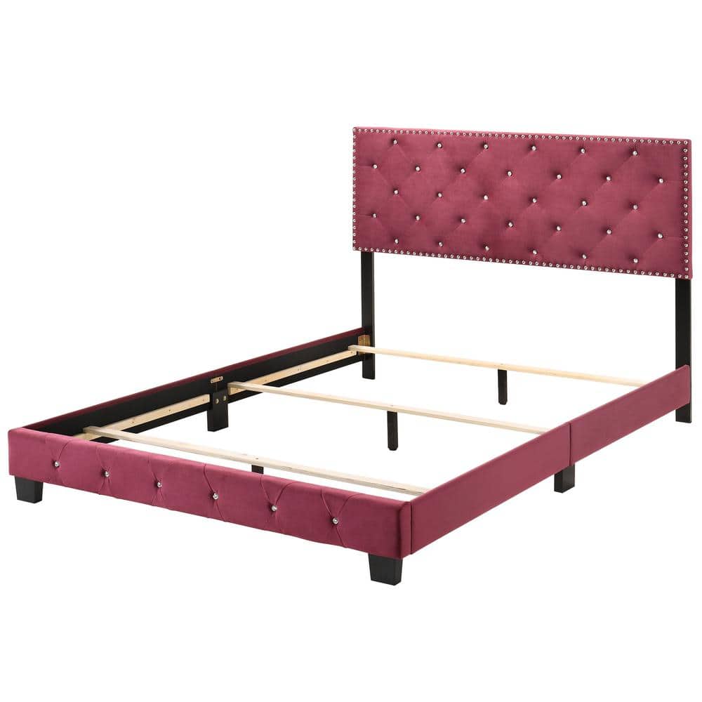 Cherry Velvet Tufted Upholstered Full Panel Bed