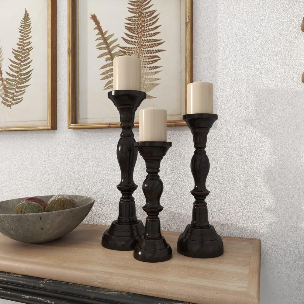 Elegant Espresso Wood Candle Holder Trio, 18" 15" 12"H