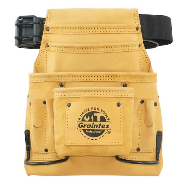 10-Pocket Yellow Top Grain Leather Nail and Tool Pouch with 2 in. Leather/Webbing Belt