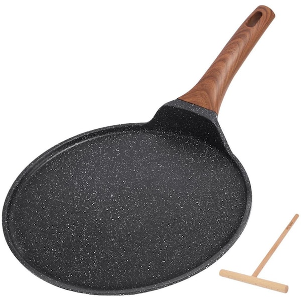 Black Aluminum 11 in. Crepe Pan with Spreader, Nonstick Granite Coating Dosa Pan, Induction Compatible, PTFE PFOA Free