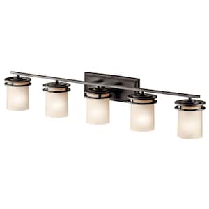 Hendrik 43 in. 5-Light Olde Bronze Contemporary Bathroom Vanity Light with Etched Glass Shade