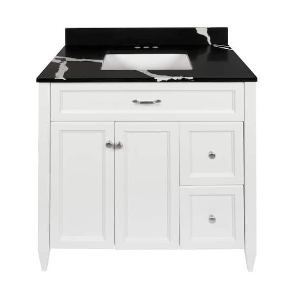 Amluxx Verona 37 in. W x 22 in. D Bath Vanity in White with Quartz Stone Vanity Top in Calacatta Black with White Basin