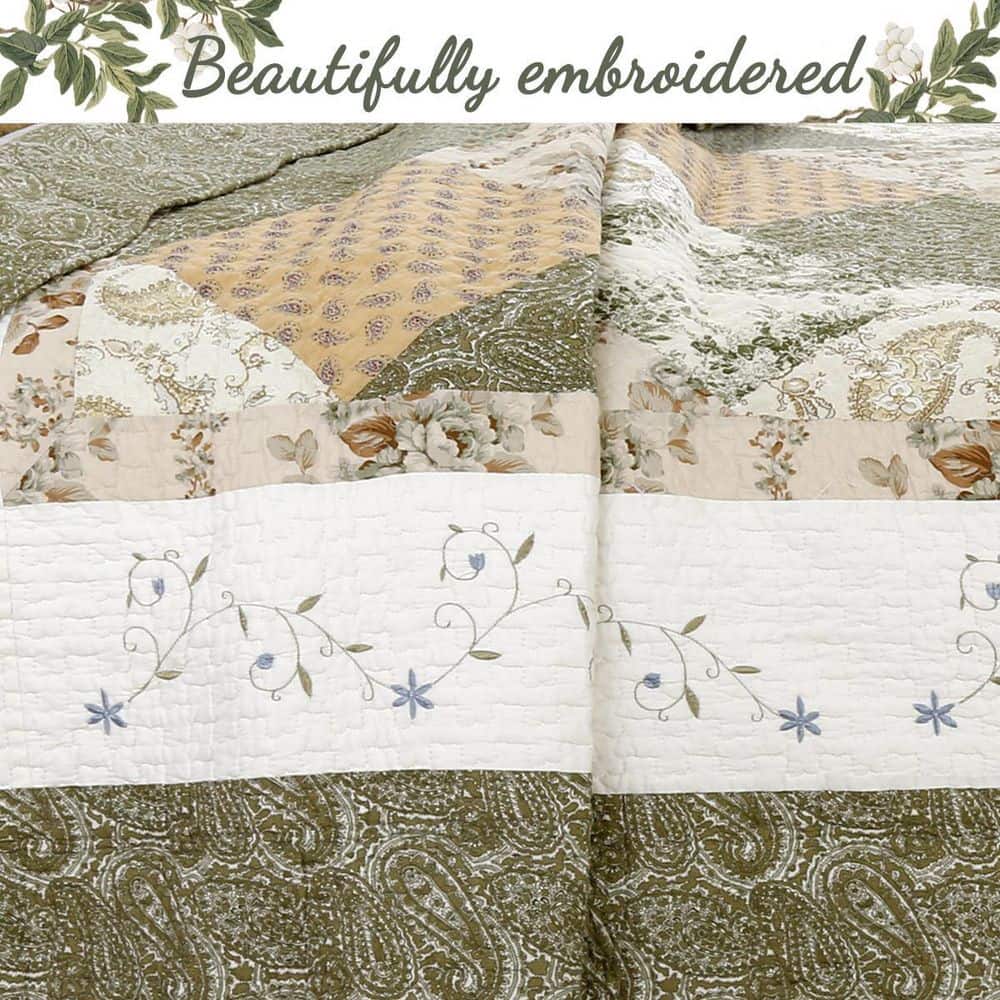 Olive Green and Beige Cotton Twin Reversible Quilt Set