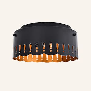 12 in. 3-Light Matte Black Industrial Drum Flush Mount Ceiling Light with Brass Inside Finish and Wavy Brim Fixture