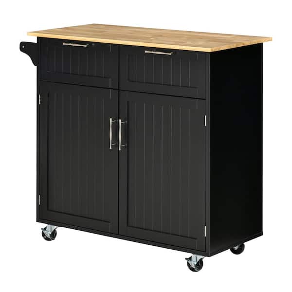 HOMCOM Black Modern Rolling Kitchen Island Storage Kitchen Cart Utility Trolley with Rubberwood Top, 2 Drawers