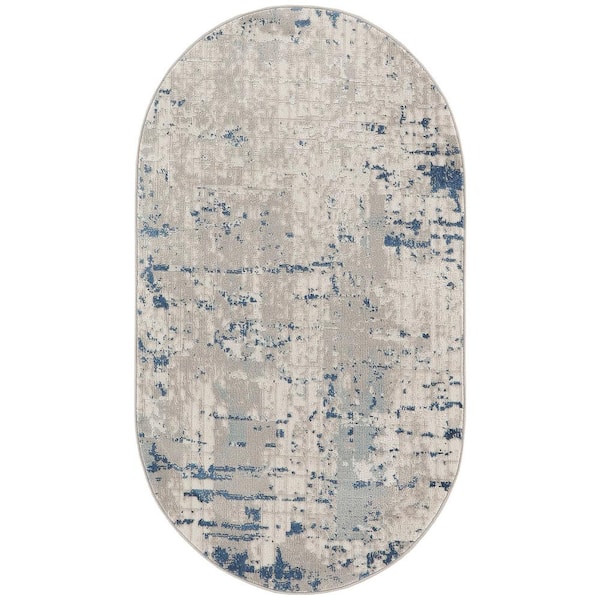 Nourison Concerto Ivory Grey Blue 3 ft. x 5 ft. Abstract Contemporary Oval Area Rug