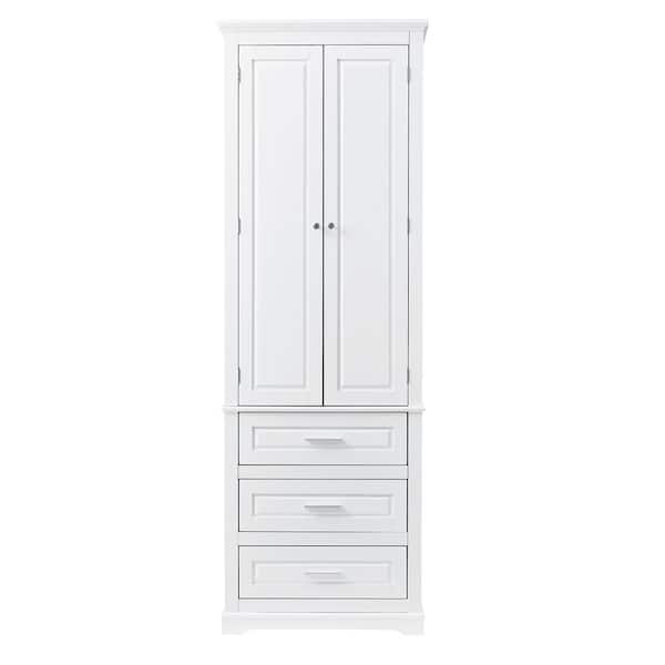 JimsMaison 24 in. W x 15.7 in. D x 70 in. H White Linen Cabinet with Adjustable Shelf and Drawers
