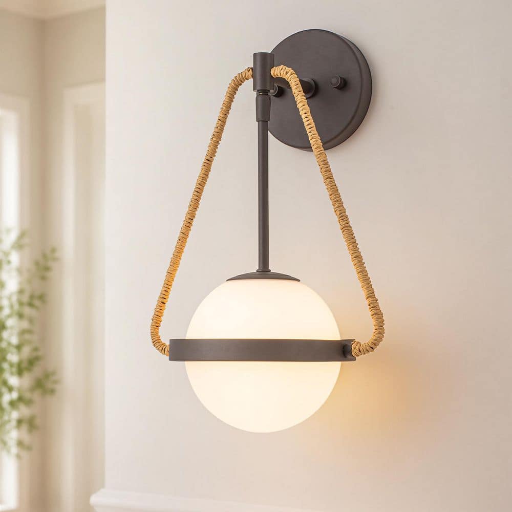 9.45 in. 1-Light Rattan Wrapped Coffee Metal Wall Sconce with Frosted Milk Glass Shade Bathroom Vanity Light price history on PriceWatchPro