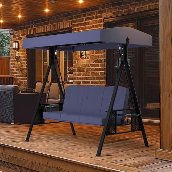 3-Person Metal Patio Swing Chair with Converting Canopy, Detachable Cushion and Side Trays, Navy Blue