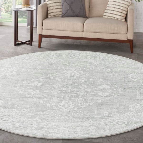 Astra Machine Washable Light Grey 5 ft. x 5 ft. Center medallion Traditional Round Area Rug