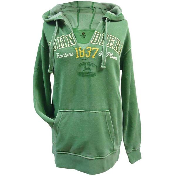 John Deere Ladies V-Neck Burnout Hooded Sweatshirt in Green - X Large