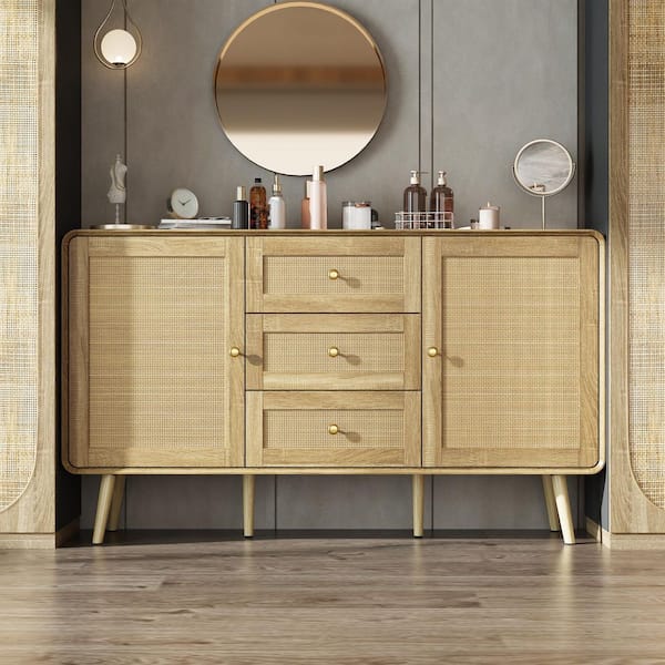 FUFU&GAGA Burly Wood Grain Yellow 3 Drawers 55.1 in. W Dresser, Chest of Drawers with 4-Shelf and Rattan Surface without Mirror