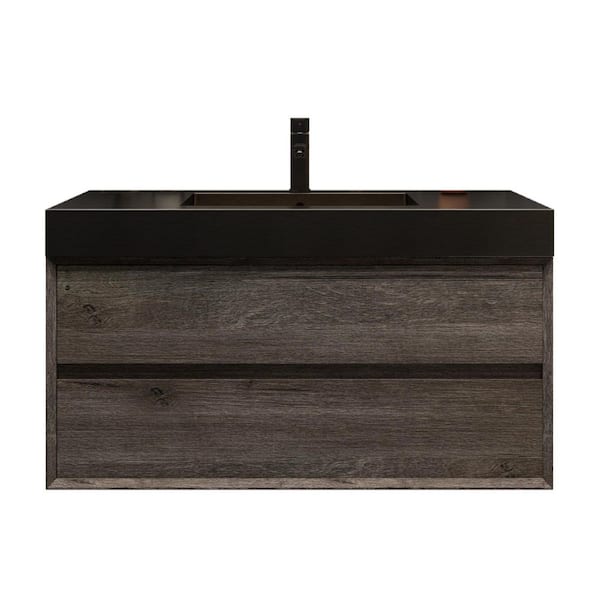 MIA 42 in. W x 20 in. D x 24 in. H Single Sink Floating Bath Vanity in Gray Oak with Black Stainless Steel Top