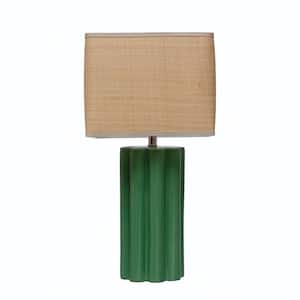 28.5 in. Green Fluted Sculptural Stoneware Table Lamp with Raffia Shade