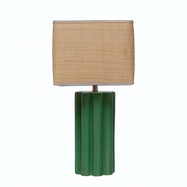 Storied Home 28.5 in. Green Fluted Sculptural Stoneware Table Lamp with Raffia Shade