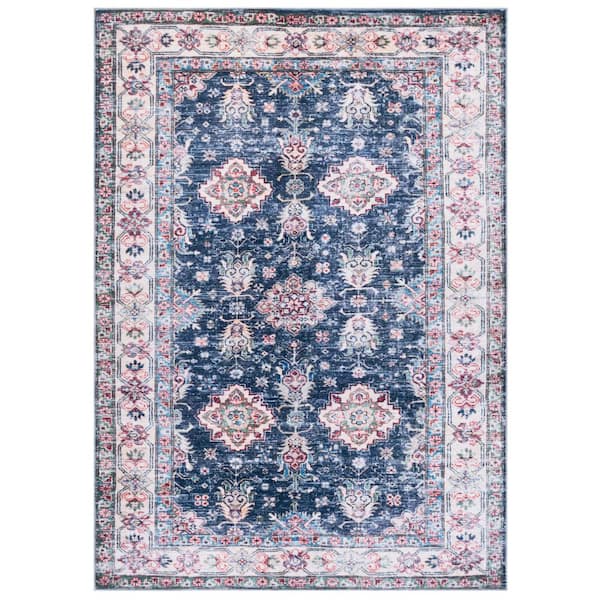 Martha Stewart Washable Navy/Beige 5 ft. x 8 ft. Machine Washable Floral Border Area Rug