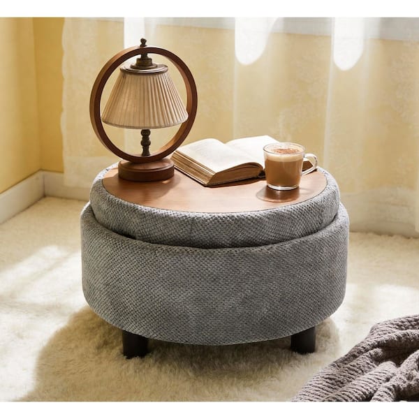 25 in. W Light Gray Fabric Round Storage Accent Medium (22-44 in.) Ottoman for Living Room, Bedroom
