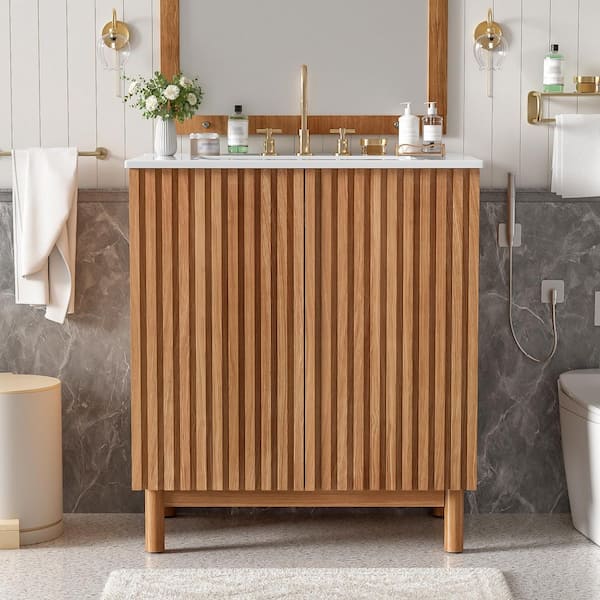 30 in. W Single Sink Freestanding Natural Solid Wood Frame Bath Vanity with White Ceramic Top, Adjustable Shelf