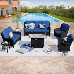 Mercury Brown 6-Piece Wicker Patio Rectangle Fire Pit Conversation Seating Set with Navy Blue Cushions