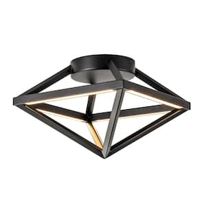 Nolia 14 in. Modern Industrial Black Linear Geometric Cage Cone Integrated LED Flush Mount Ceiling Light