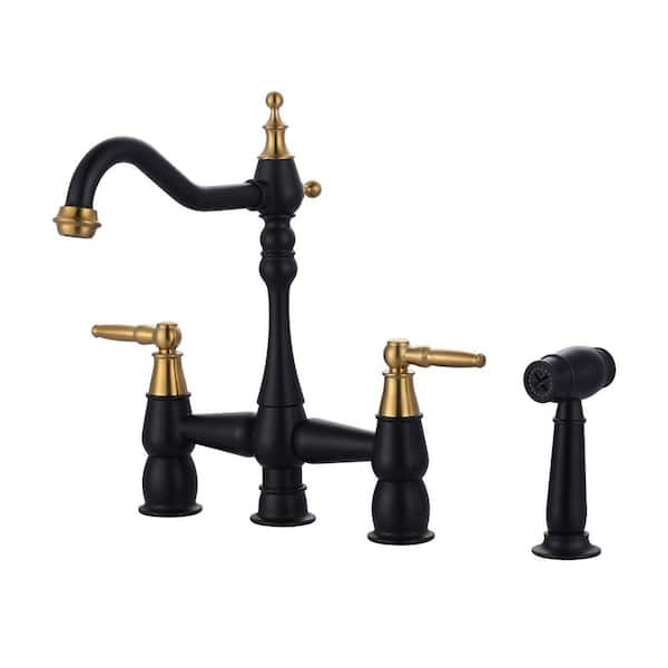 Vintage Double Handle Bridge Kitchen Faucet with Faucet-Side Sprayer in Black and Gold