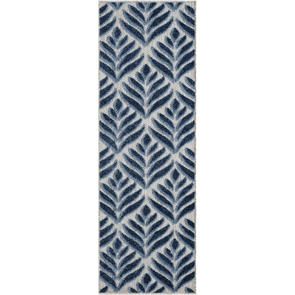 Nourison Aloha Blue 2 ft. x 6 ft. Botanical Contemporary Indoor/Outdoor Runner Area Rug