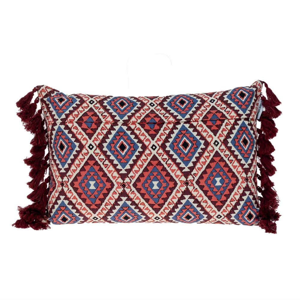 Ethnic Multicolor Cotton Embroidered Lumbar Pillow with Tassels