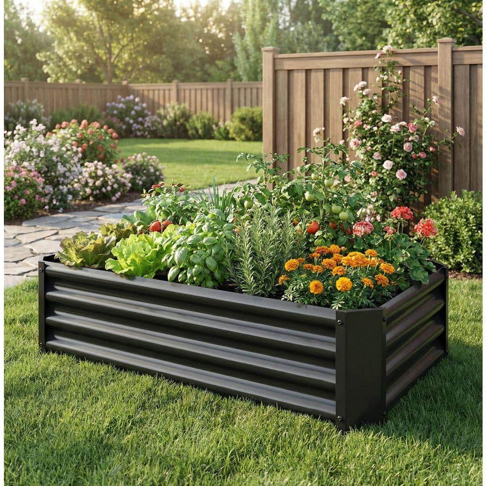 Black Galvanized Steel Raised Garden Bed, Rectangle Planter Box
