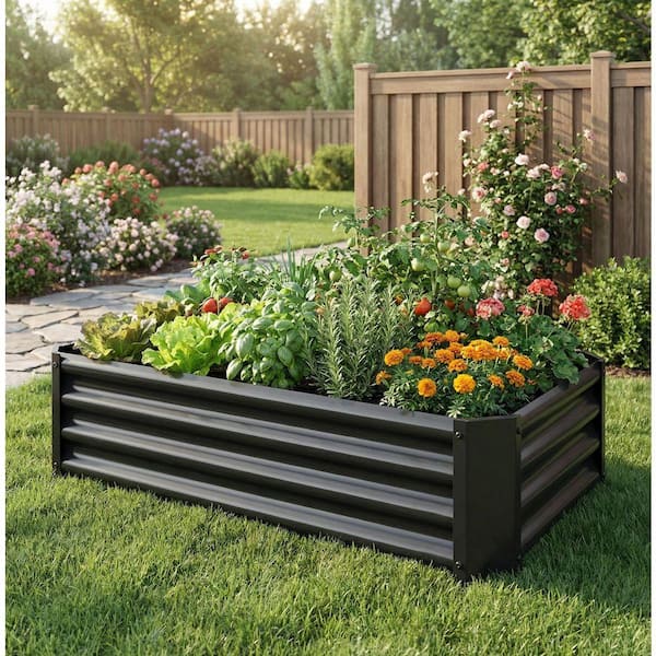 Black Galvanized Steel Raised Garden Bed, Rectangle Planter Box
