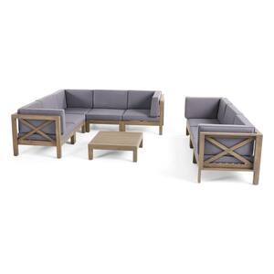 Hadlee Gray 9-Piece Wood Outdoor Sectional Sofa Set with Dark Gray Cushions